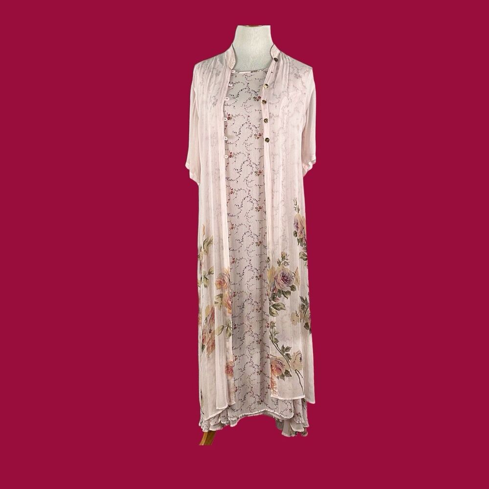 Vintage 90s Y2K Lolette Pink Floral Sleeveless Long Dress Duster Romantic Size